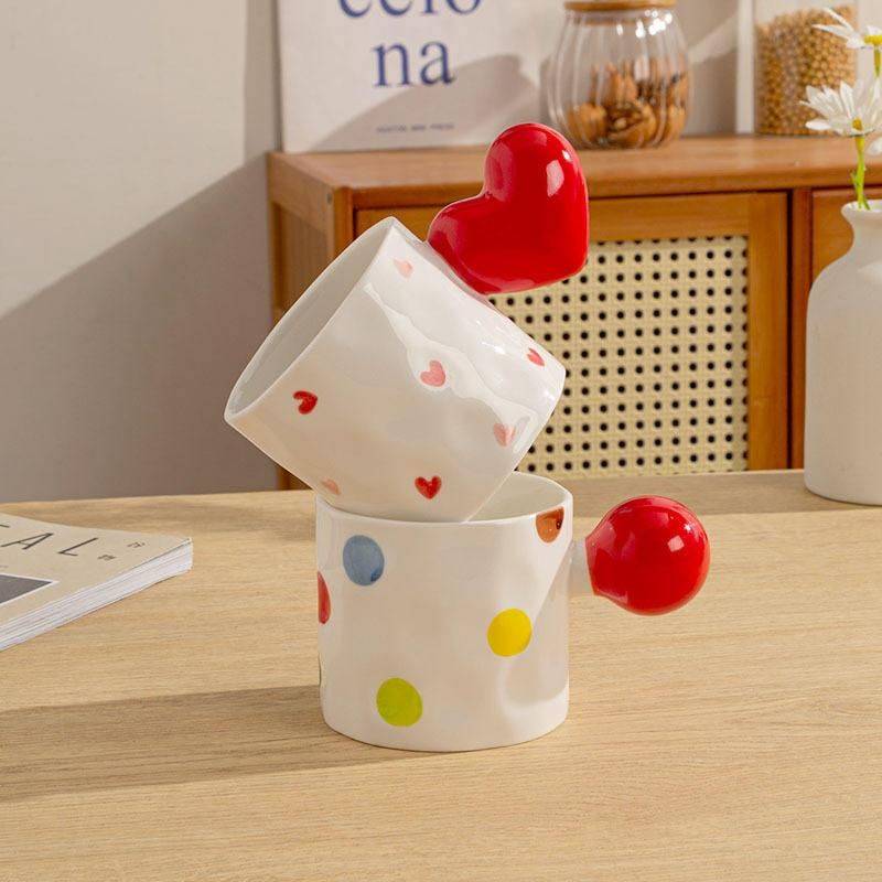 Ceramic Mugs Love Handles Three-dimensional Heart Shape Cute Cartoon Coffee Mug Birthday Present for Girls Breakfast Milk Cups